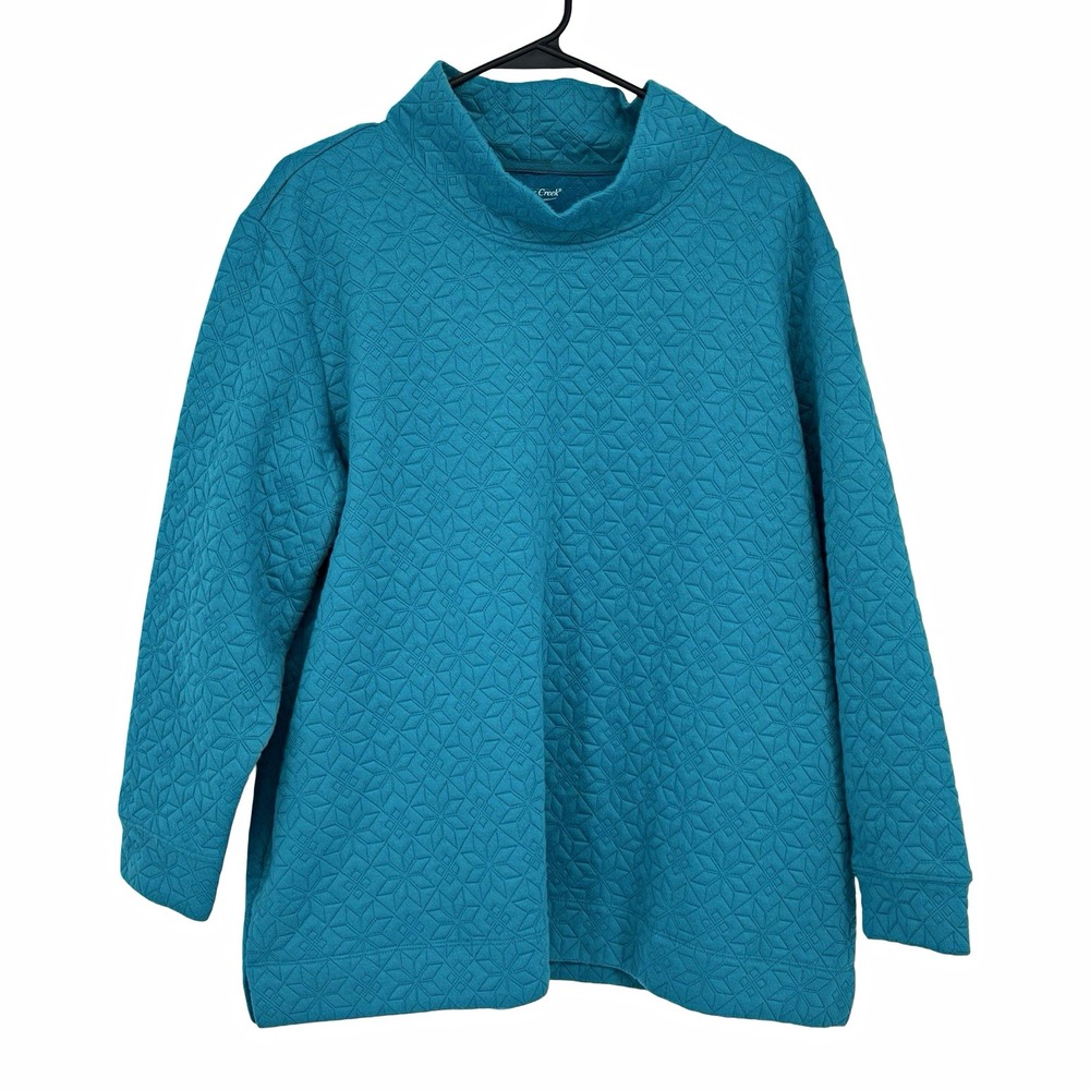 Coldwater Creek Womens PM Petite Teal Quilted Mock Neck Pullover Tunic Pockets